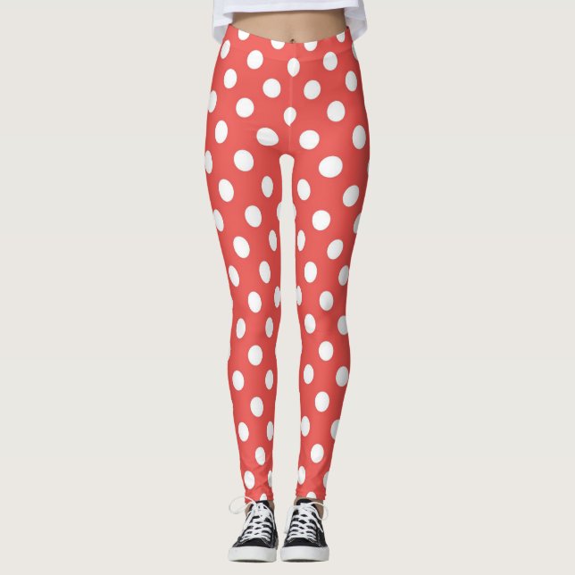 Moderne rote und weiße Polka-Punkte-Muster Leggings (Vorderseite)