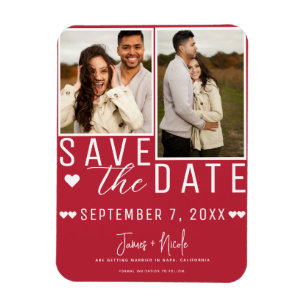 Moderne rote und weiße Save-the-Date-Karte mit 2 F Magnet