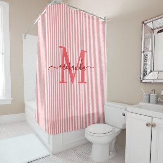 Moderne rote und weiße Streifen mit Monogramm und Duschvorhang