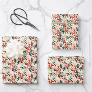 Moderne rote Weihnachts-Stechpalmen-Beeren Geschenkpapier Set