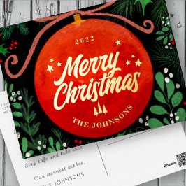 Moderne Rote Weihnachtsballen Ornament Botanisch Folien Feiertagspostkarte