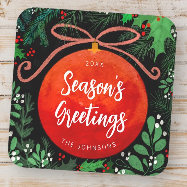 Moderne Rote Weihnachtsballen Ornament Botanisch Quadratischer Aufkleber (Von Creator hochgeladen)