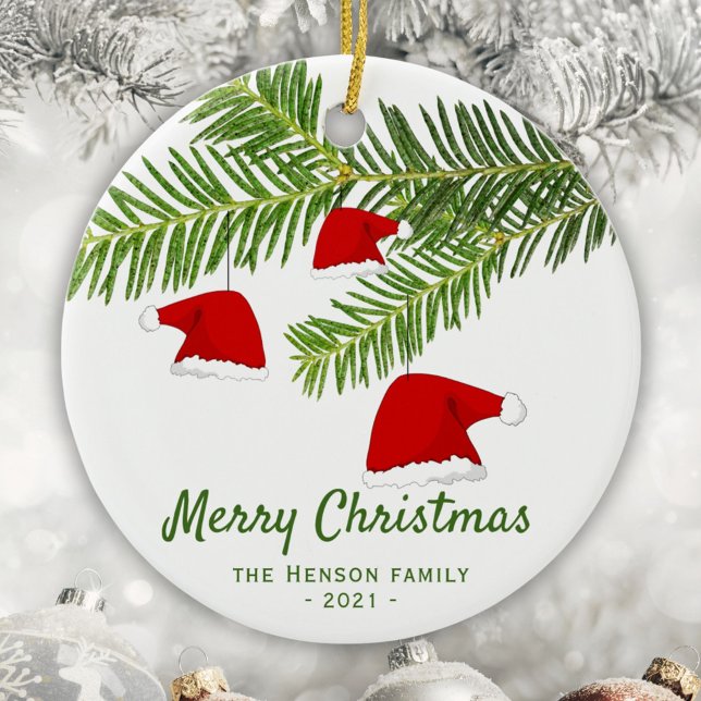 Moderne Rote Weihnachtsmannmütze Pine Frohe Weihna Keramik Ornament (Von Creator hochgeladen)