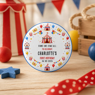 Moderne rote Zirkuskarte zum 1. Geburtstag   jedes Button