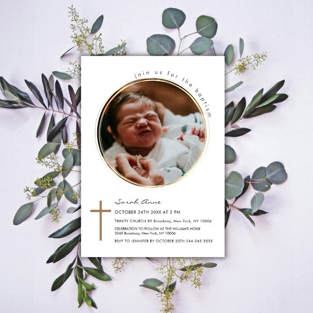 Moderne Round Circle Foto Gold Cross Taufen Einladung (Modern Round Circle Photo Gold Cross Baptism Invitation)