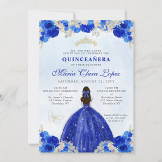 Moderne Royal Blue Gold Floral Princess Quinceañer Einladung