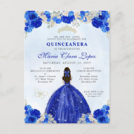 Moderne Royal Blue Gold Floral Princess Quinceañer Postkarte