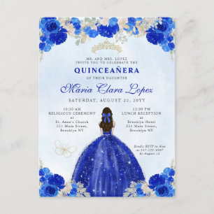 Moderne Royal Blue Gold Floral Princess Quinceañer Postkarte
