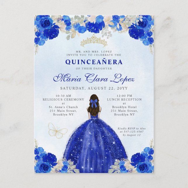 Moderne Royal Blue Gold Floral Princess Quinceañer Postkarte (Vorderseite)