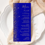 Moderne Royal Blue Gold Glitzer Edge Wedding Menükarte<br><div class="desc">Die links Seite dieses eleganten,  modernen Hochzeitsmenüs besticht durch das Design eines vergoldeten Glitzer mit Imitaten. Der individuell anpassbare Text kombiniert blassgoldene Handschrift,  Copperplate und kursiv Schriftart auf einem königsblauen Hintergrund. Auf der Rückseite ist ein passendes königsblau-goldenes Glitzer-Design.</div>