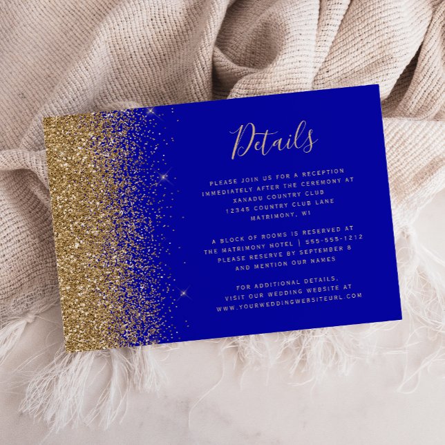 Moderne Royal Blue Gold Glitzer Hochzeiten Details Begleitkarte (Von Creator hochgeladen)