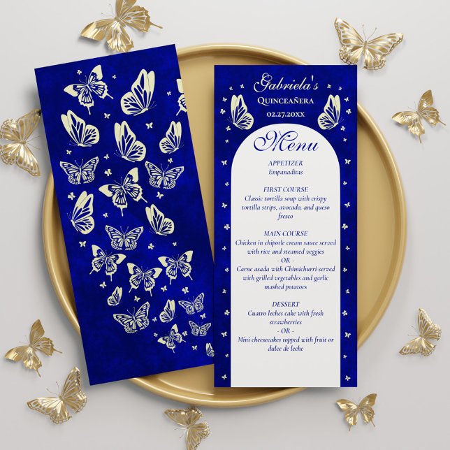 Moderne Royal Blue Gold Schmetterlinge Quinceañera Menükarte (Modern Royal Blue Gold Butterflies Quinceañera Menu)