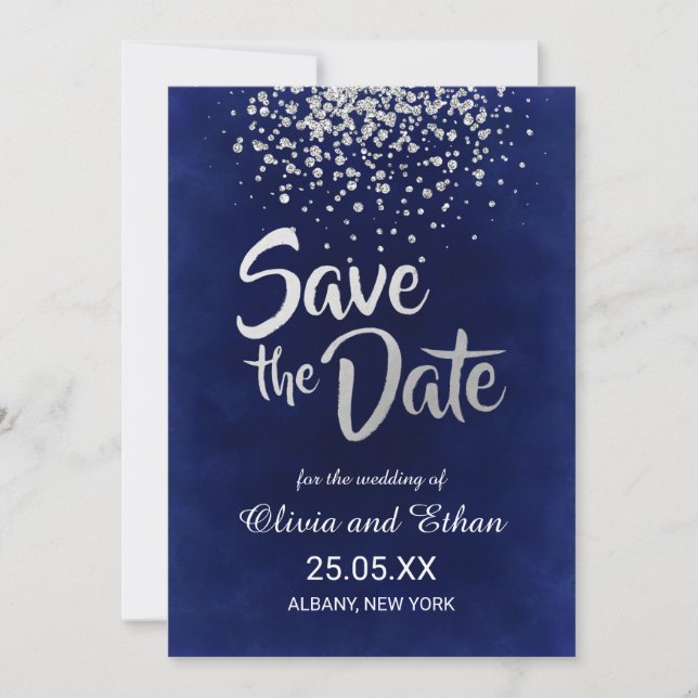 Moderne Royal Blue und Silver Confetti Save The Date (Vorderseite)