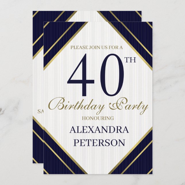 Moderne Royal Blue White und Gold Streifen Geburts Einladung (Vorne/Hinten)