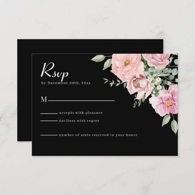 Moderne RSVP-Karte für Schwarz-Rosa-Flora-Hochzeit RSVP Karte (Vorne/Hinten)