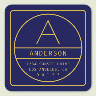 Moderne Rücksendeadresse & Monogramm Gold & Navy Quadratischer Aufkleber