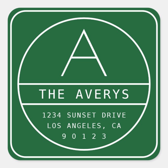 Moderne Rücksendeadresse und Monogramm | Grün Quadratischer Aufkleber (Vorderseite)