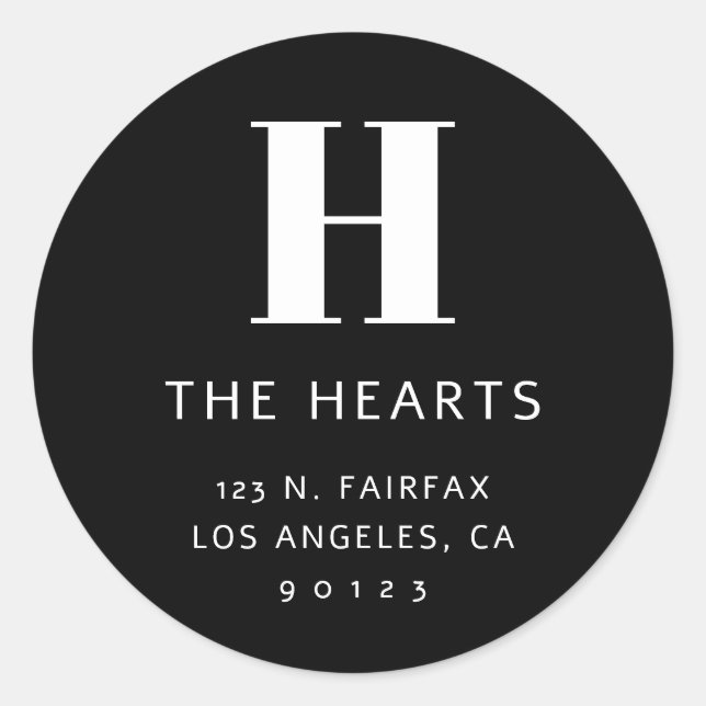Moderne Rücksendeadresse und Monogramm | Schwarz Runder Aufkleber (Vorderseite)