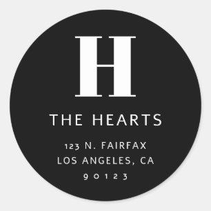 Moderne Rücksendeadresse und Monogramm   Schwarz Runder Aufkleber