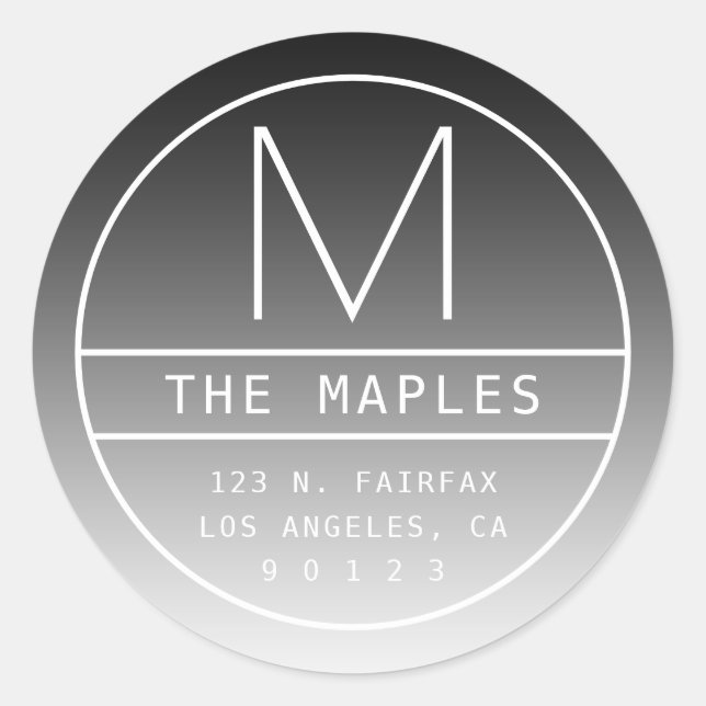 Moderne Rücksendeadresse und Monogramm | Schwarz Runder Aufkleber (Vorderseite)