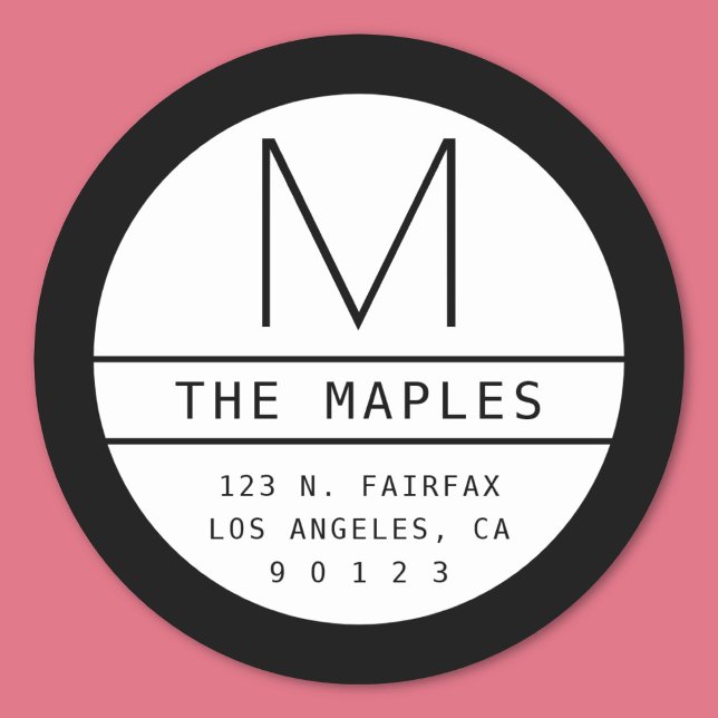 Moderne Rücksendeadresse und Monogramm | Schwarz Runder Aufkleber (Von Creator hochgeladen)