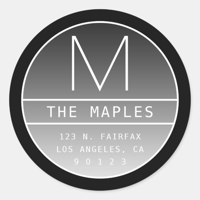 Moderne Rücksendeadresse und Monogramm | Schwarz Runder Aufkleber (Vorderseite)