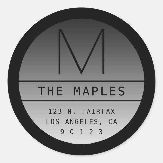 Moderne Rücksendeadresse und Monogramm | Schwarz Runder Aufkleber (Vorderseite)