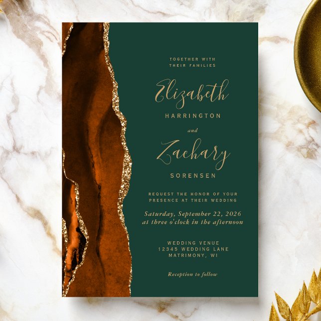 Moderne Rust Emerald Green Agate Hochzeit Einladung (The perfect choice for a rust and emerald green themed wedding.)