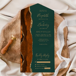 Moderne Rust Gold Agate Hunter Green Wedding All In One Einladung