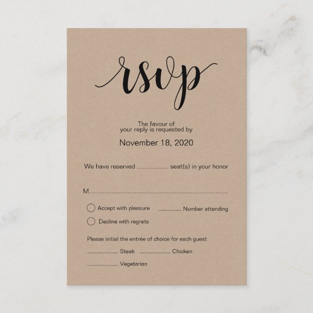 Moderne Rustic Kraft Hochzeit Rsvp Antwortkarte Begleitkarte (Vorderseite)
