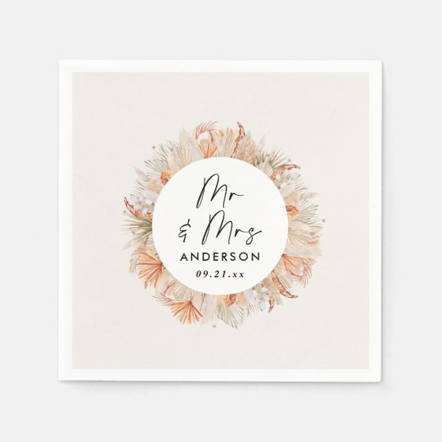 moderne rustikale botanische Pampasgras Mr. & Mrs. Serviette (Vorderseite)