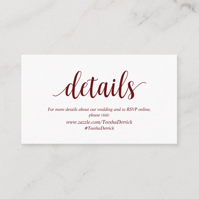 Moderne rustikale, burgundy, Hochzeitsdetails Begleitkarte (Vorderseite)
