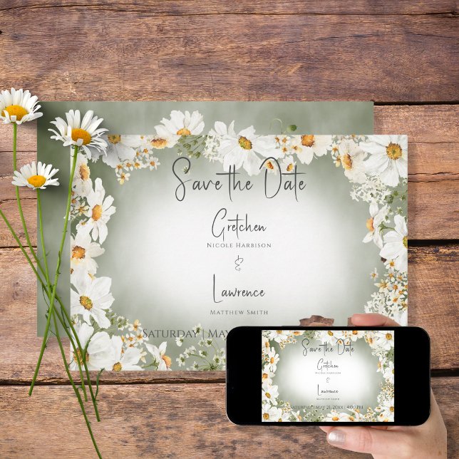 Moderne rustikale Daisy Frame Green Wedding Save The Date (Von Creator hochgeladen)