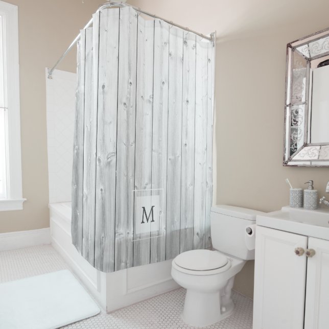 Moderne rustikale Driftwood Shiplap Muster Monogra Duschvorhang (Beispiel)