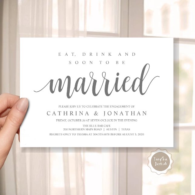 Moderne rustikale, Engagement Party Feier Invita Einladung (Modern Wedding Engagement Party Invitation Card, Eat, Drink and Soon To Be Married, Dark Grey)