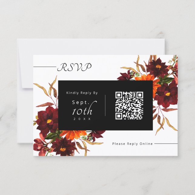 Moderne Rustikale Herbst-Blumen-QR-Code-Hochzeits- RSVP Karte (Vorderseite)