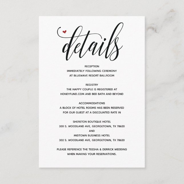 Moderne rustikale Hochzeit Details Umschließung Ka Begleitkarte (Vorderseite)