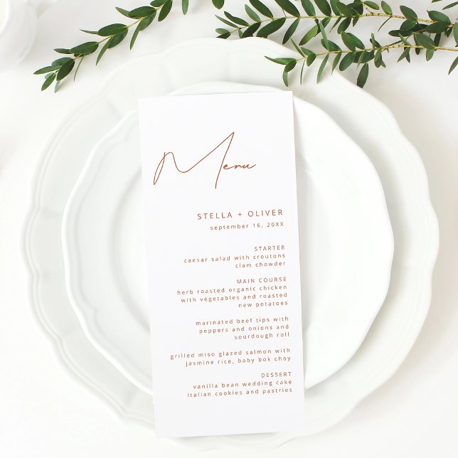 Moderne rustikale Hochzeit Menükarte (Modern Rustic Terracotta Calligraphy Wedding Menu)