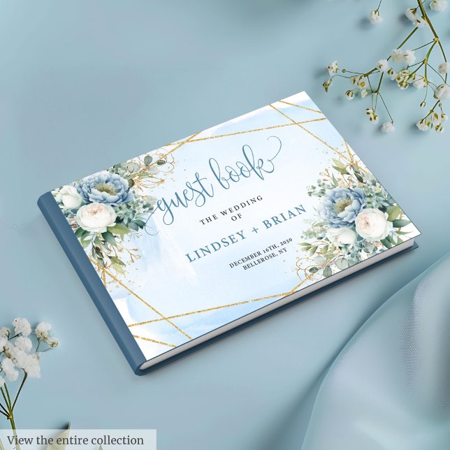 Moderne rustikale Hochzeit mit blauem weißem Gold Gästebuch (Modern Rustic Dusty Blue White Gold Floral Wedding Guest Book)