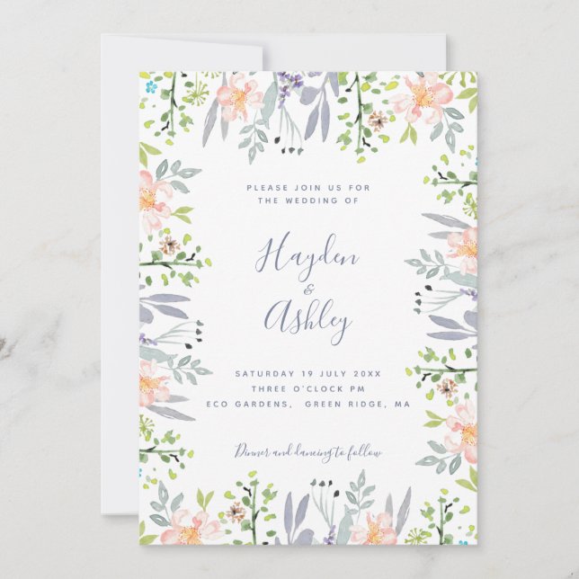 Moderne Rustikale Hochzeit mit floralen Wasserfarb Einladung (Vorderseite)