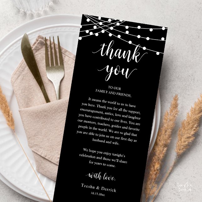 Moderne Rustikale Hochzeits-Dankeskarten für das A Programm (Modern Rustic Wedding Dinner Thank You Card Reception Reception String Lights Black White)