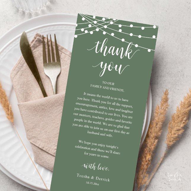 Moderne Rustikale Hochzeits-Dankeskarten für das A Programm (Modern Rustic Wedding Dinner Thank You Card Reception Reception String Lights Sage Green)