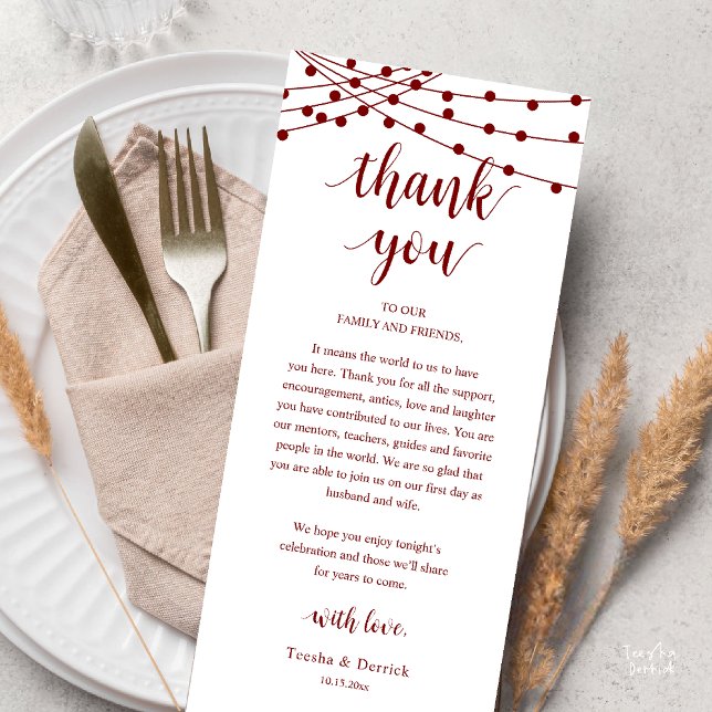 Moderne Rustikale Hochzeits-Dankeskarten für das A Programm (Modern Rustic Wedding Dinner Thank You Card Reception Reception String Lights Burgundy Wine Red)