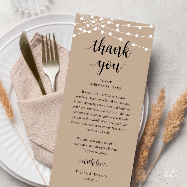 Moderne Rustikale Hochzeits-Dankeskarten für das A Programm (Modern Rustic Wedding Dinner Thank You Card Reception Reception String Lights Brown Kraft)