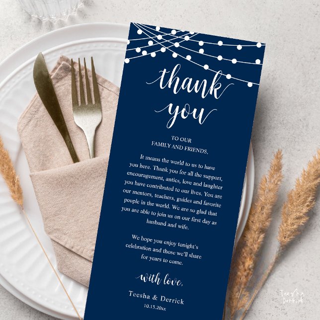 Moderne Rustikale Hochzeits-Dankeskarten für das A Programm (Modern Rustic Wedding Dinner Thank You Card Reception Reception String Lights navy Blue)