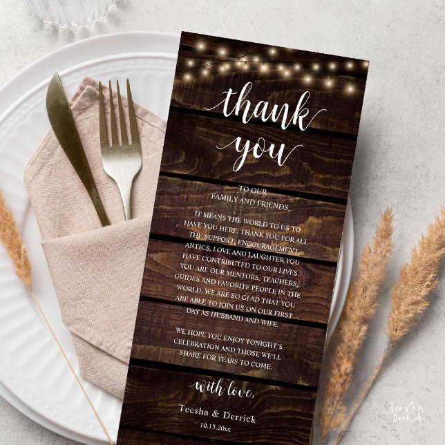Moderne Rustikale Hochzeitsempfangs-Dankeskarten Programm (Modern Rustic Wedding Dinner Thank You Card Reception Reception String Lights Dark Brown Wood)