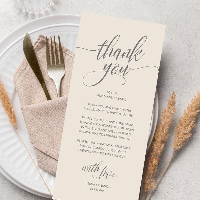Moderne rustikale Hochzeitsempfehlung Danke Karte (Modern Romantic Wedding Reception Dinner Thank You Card in Cream Grey)