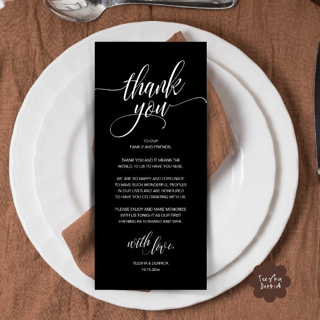 Moderne rustikale Hochzeitsempfehlung Danke Karte (Modern Romantic Wedding Reception Dinner Thank You Card in Black White)