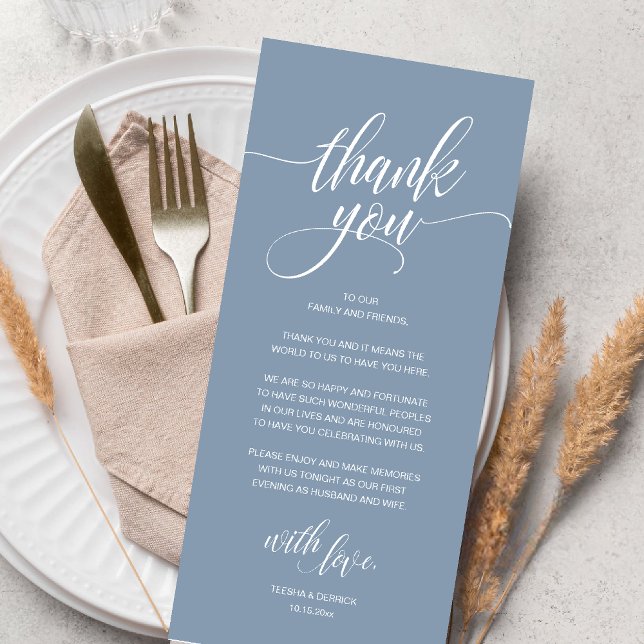 Moderne rustikale Hochzeitsempfehlung Danke Karte (Modern Romantic Wedding Reception Dinner Thank You Card in Dusty Blue)