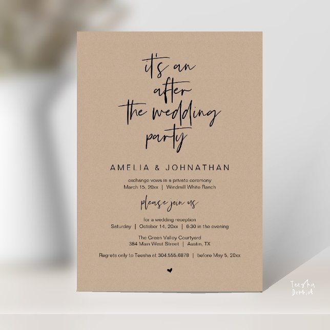 Moderne Rustikale Hochzeitsfeier Braun Kraft Einladung (Modern Rustic Wedding Reception Brown Kraft Invitation card pdf black script)